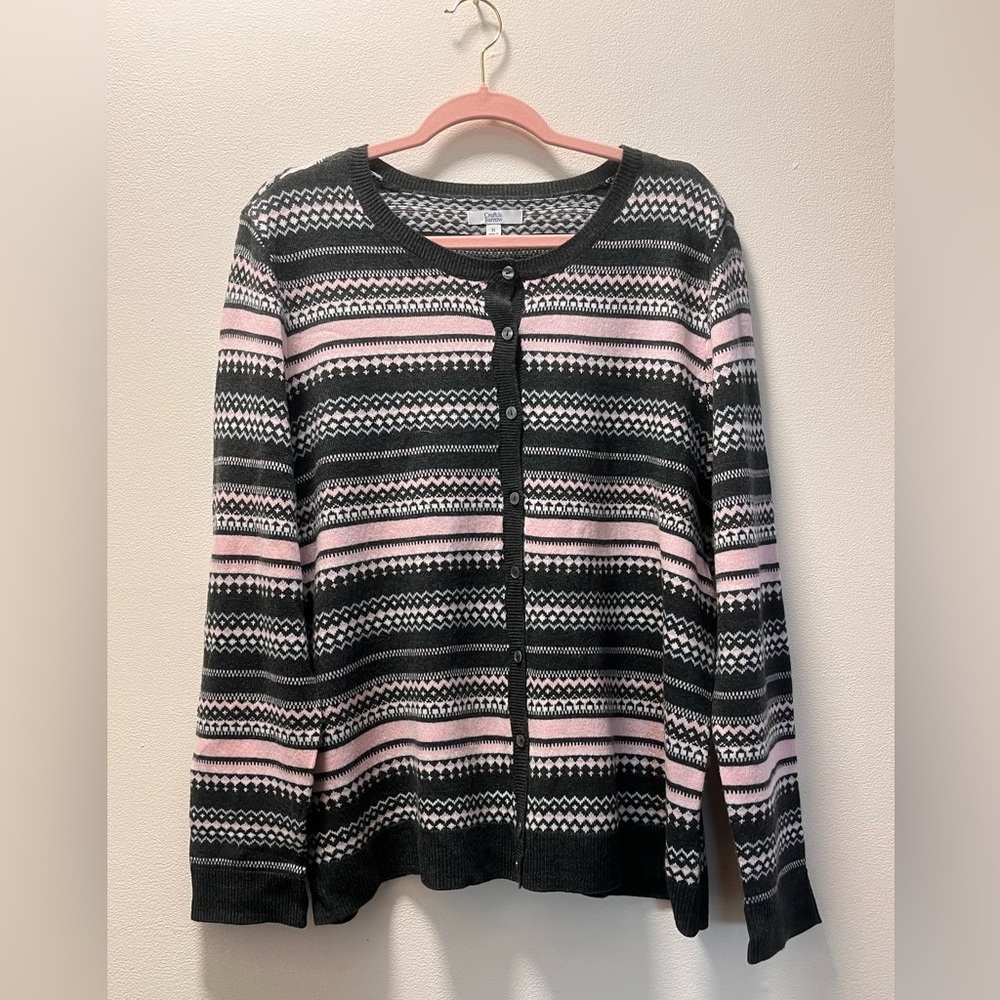 Croft & Barrow Preppy Comfy Chic Classic Button Cardigan, W’s, Sz XL, Gray/Pink